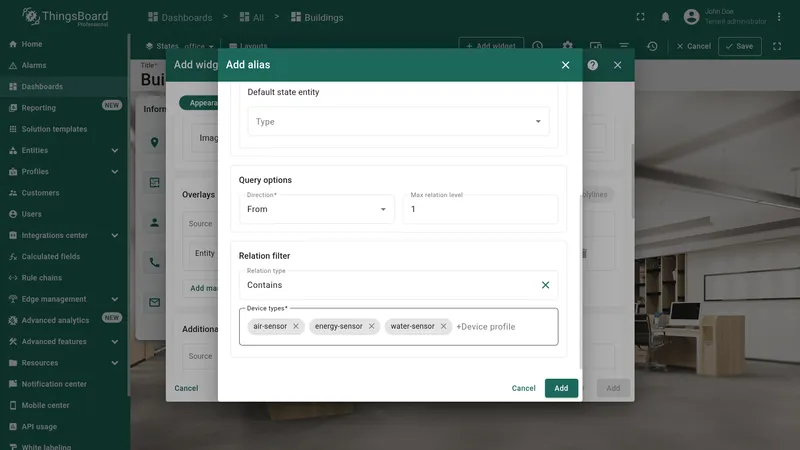 Data tab with Office sensors alias and data keys xPos, yPos, and type configured