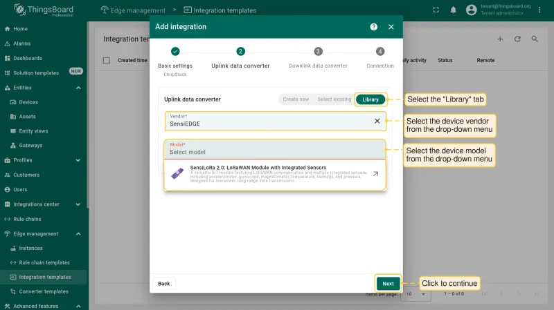 Library tab — select vendor and model