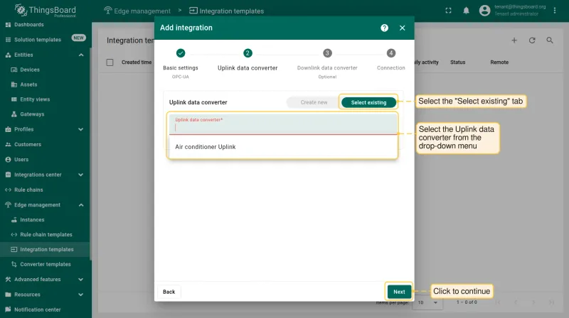 Integration connection settings — Host, Port, Security, Identity