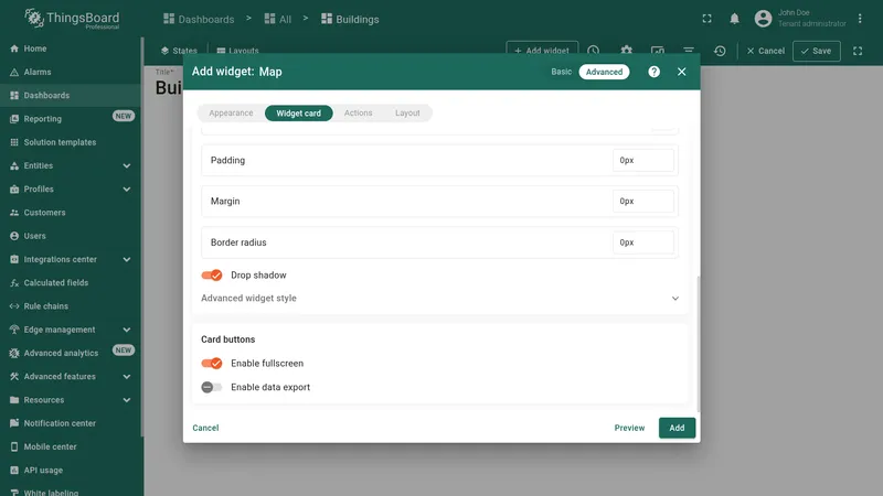 Widget card tab with layout and card buttons settings