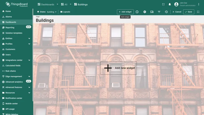 Dashboard in edit mode with Add widget button and empty widget placeholder