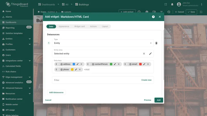 Widget configuration Data tab with Selected entity alias and multiple data keys added