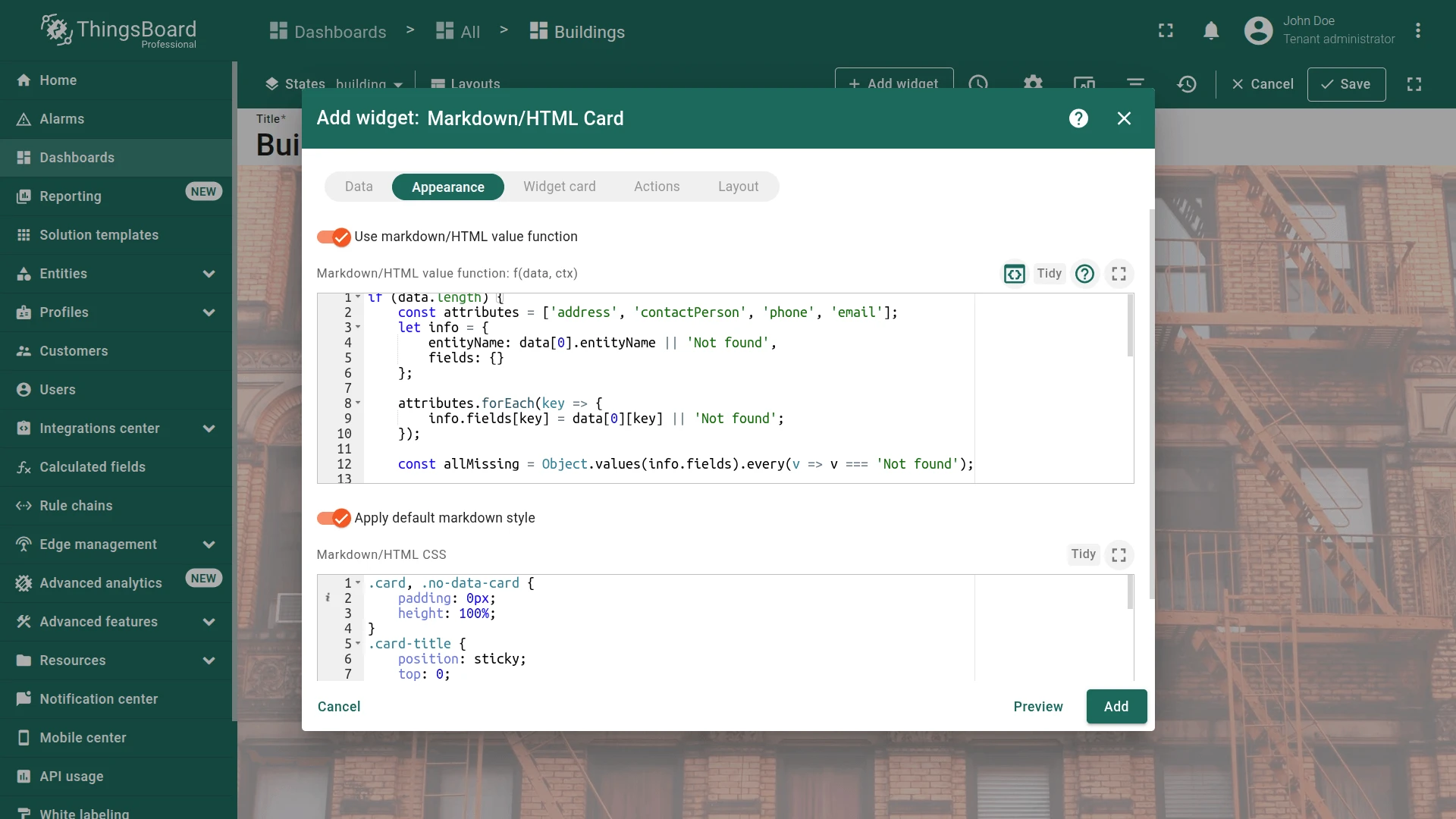 Appearance tab with markdown/HTML value function enabled and code editors for value function and CSS