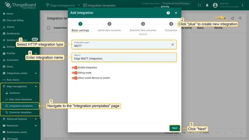 Create MQTT Integration template — type selection and name