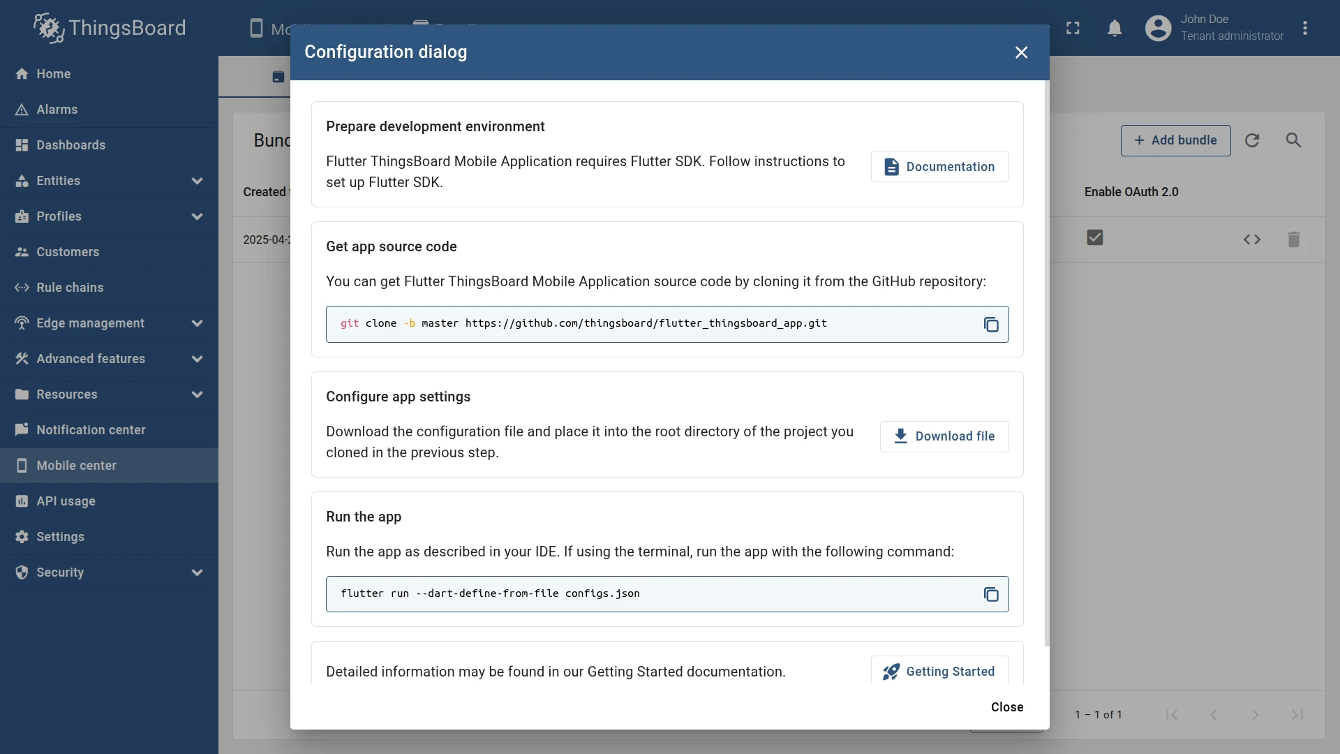 Bundle configuration dialog