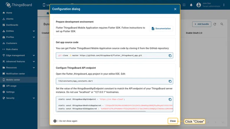 Configuration dialog showing SDK setup instructions and a Close button