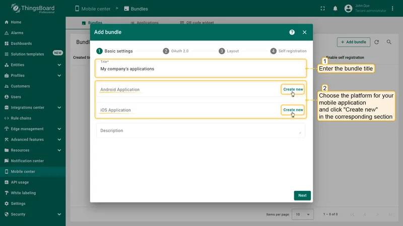 Click Create new for Android or iOS application
