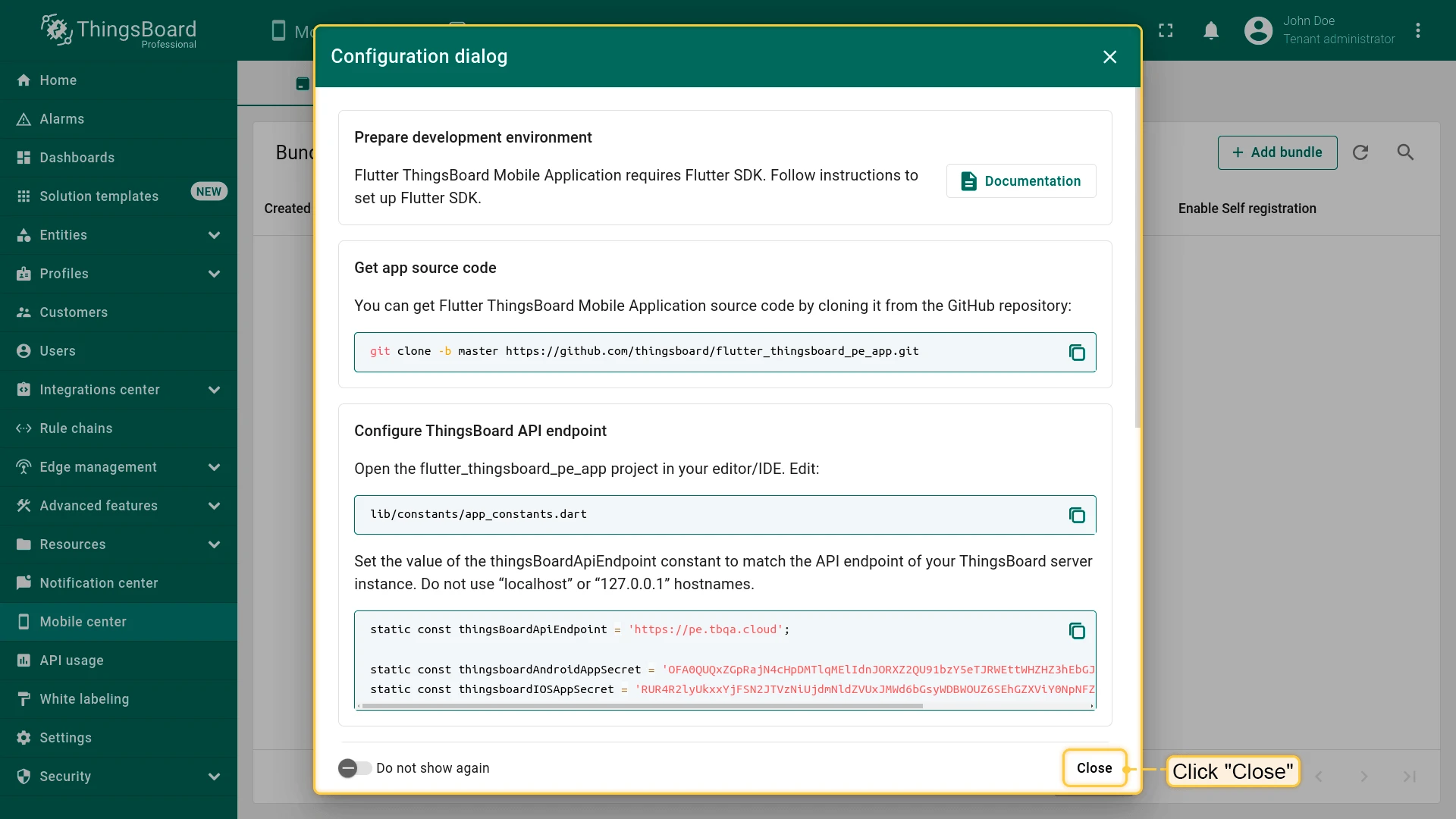 Configuration dialog showing SDK setup instructions and a Close button