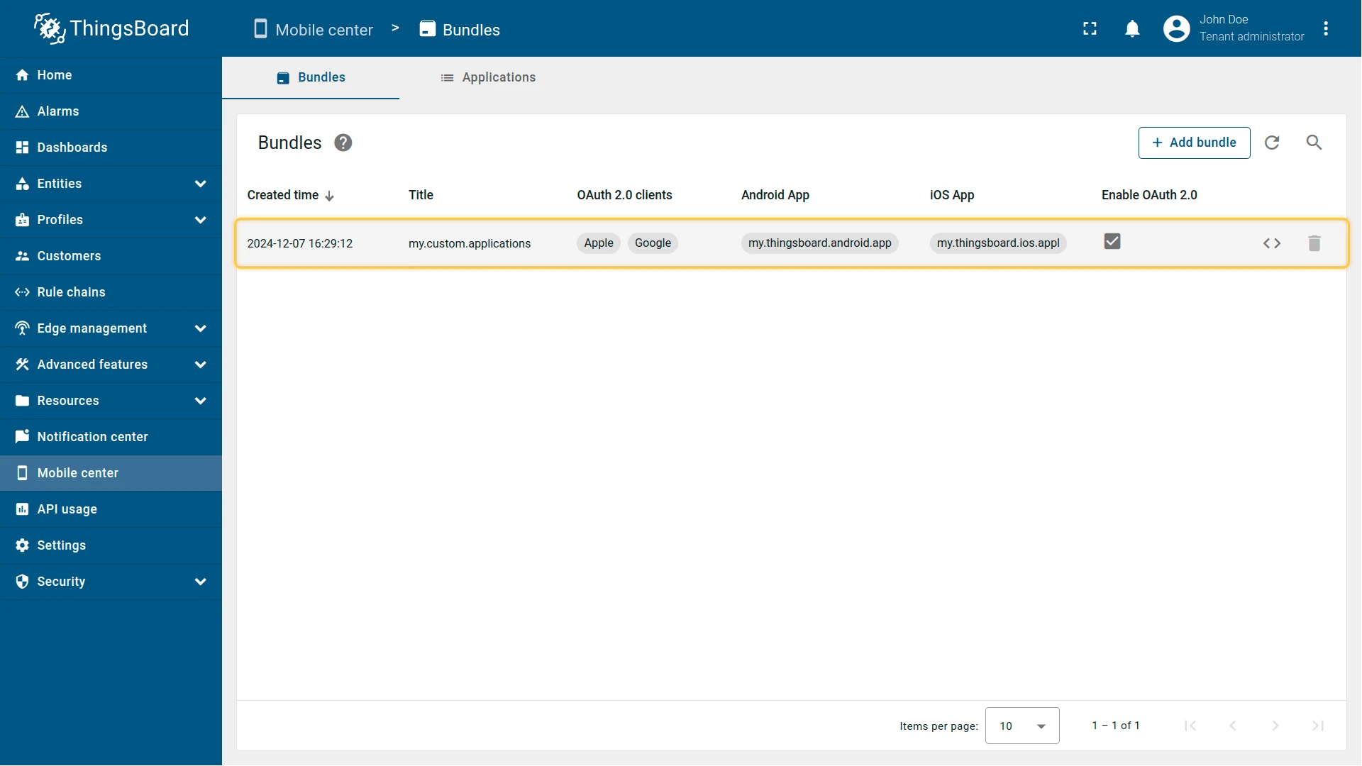 Bundle list showing the newly created bundle entry