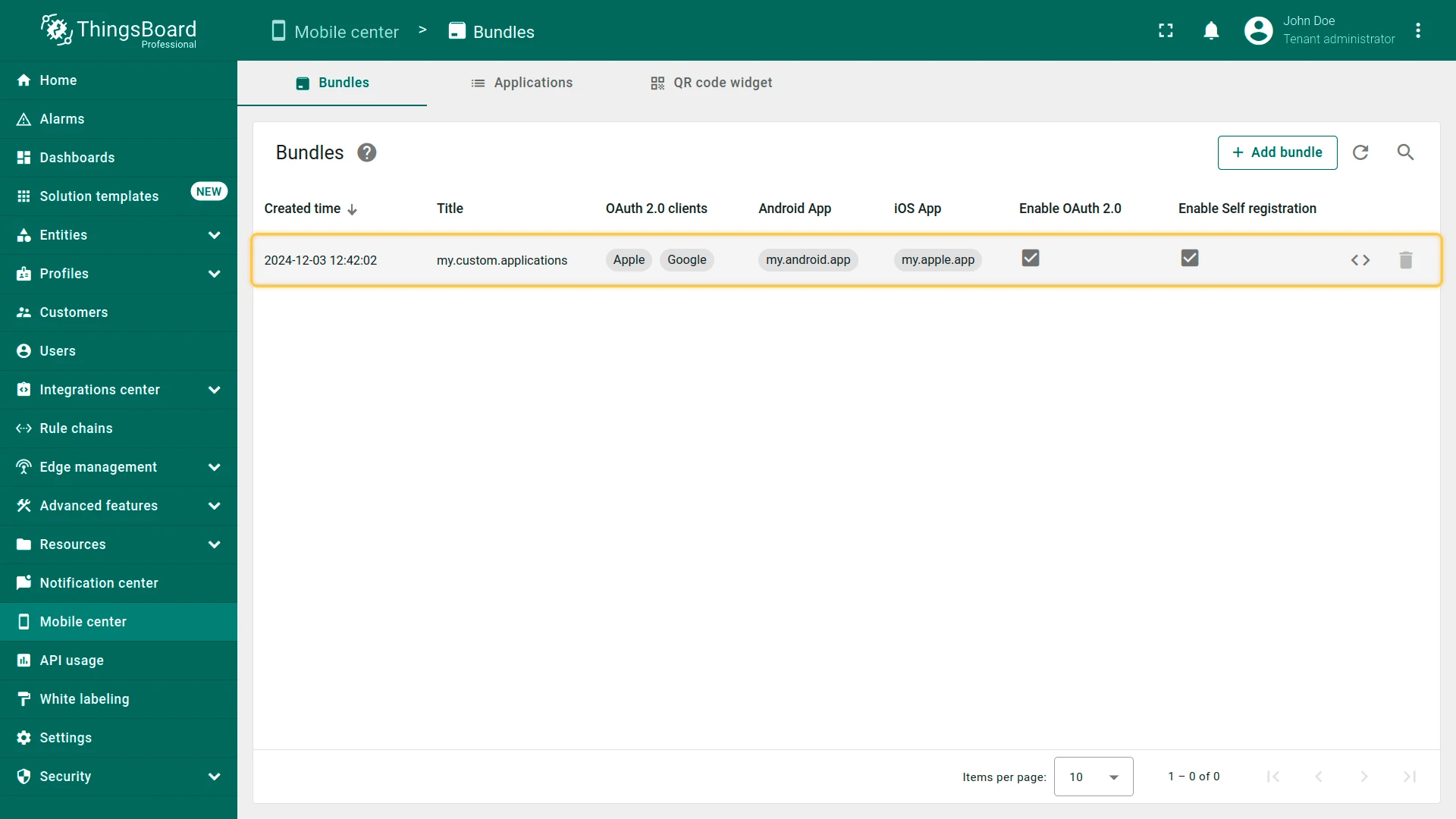 Bundle list showing the newly created bundle entry