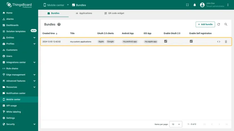 Bundle list showing the newly created bundle entry