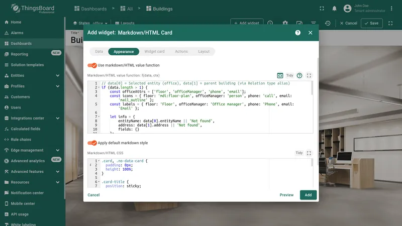 Appearance tab with markdown/HTML value function enabled and editors visible