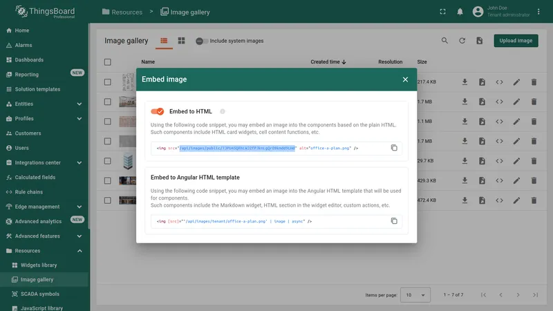Embed image dialog showing HTML and Angular snippets with image URL
