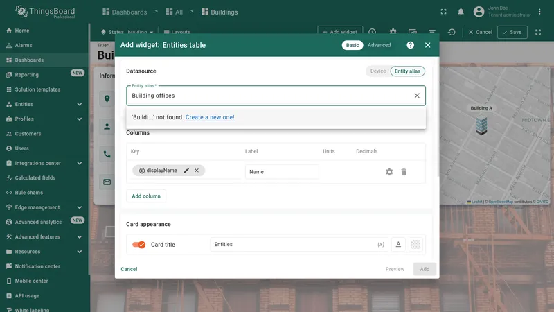 Widget configuration dialog with Entity alias field and create new option