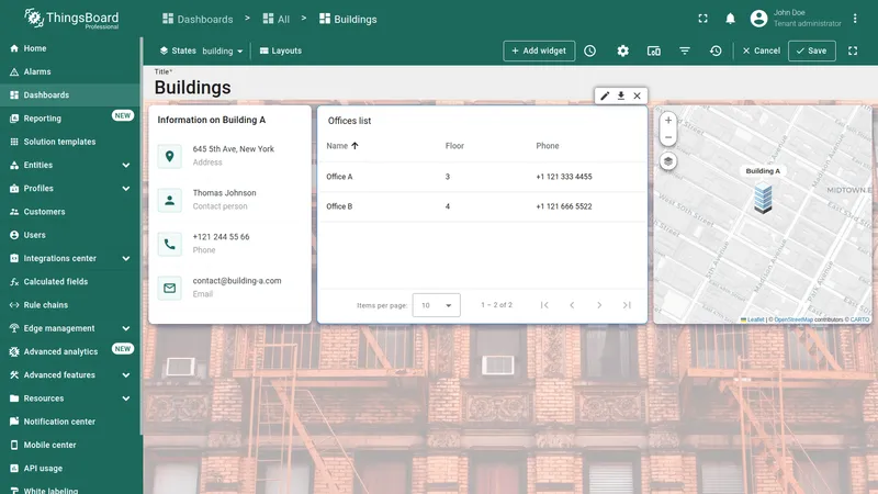 Final dashboard displaying Offices list table with office entities and their attributes