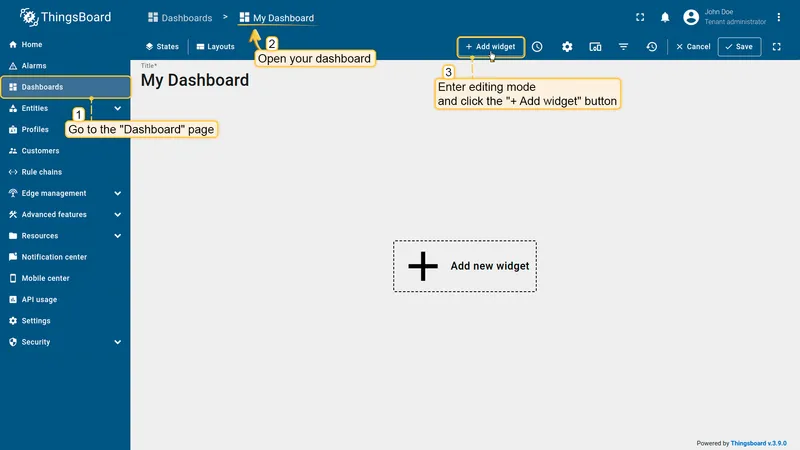 Dashboard in edit mode with + Add widget button highlighted and empty widget placeholder visible