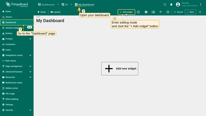 Dashboard in edit mode with + Add widget button highlighted and empty widget placeholder visible