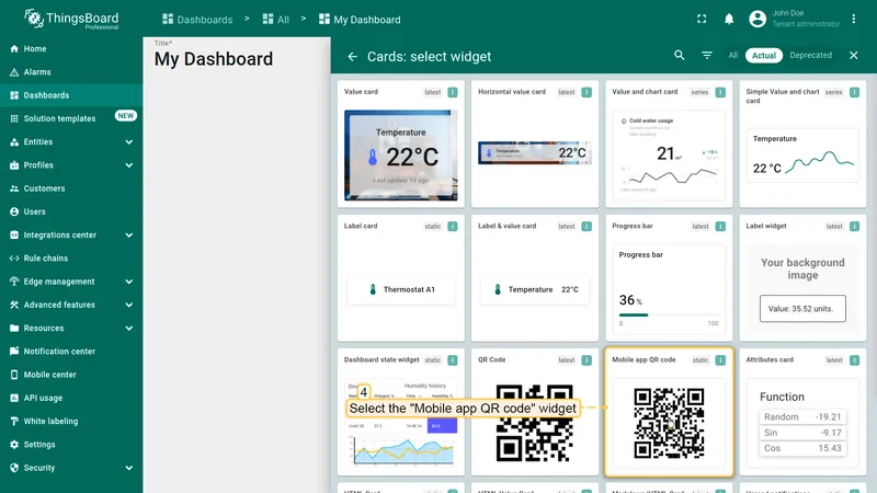Cards widget selection dialog showing QR code and Mobile app QR code widgets — Mobile app QR code highlighted