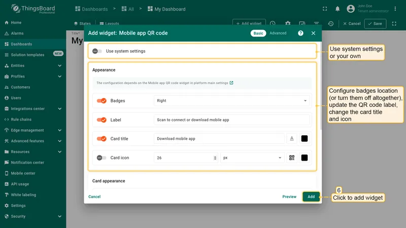 Add widget configuration panel showing Appearance section with Use system settings, Badges, Label, and card title options