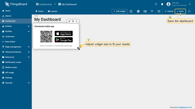 Dashboard showing the added QR code widget with store badges, resize handle visible, and Save button highlighted