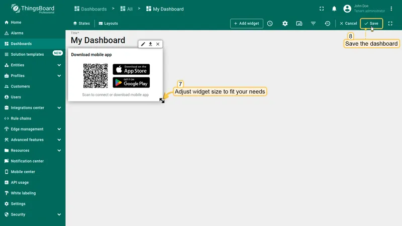 Dashboard showing the added QR code widget with store badges, resize handle visible, and Save button highlighted