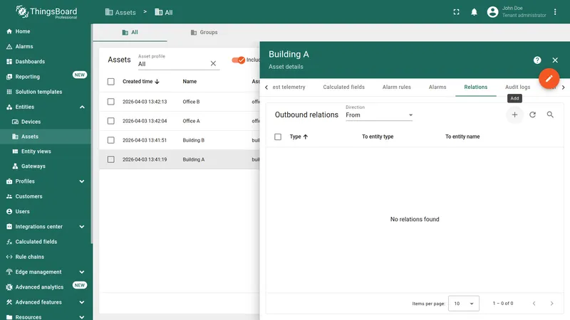 Building A details — Relations tab open with add button highlighted