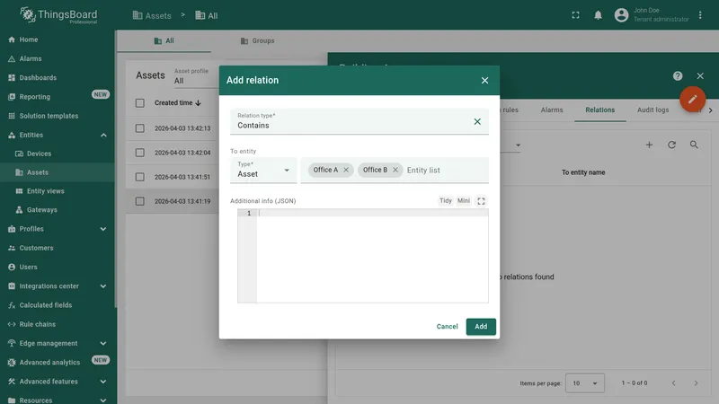 Add relation dialog — relation type Contains, entity type Asset, Office A and Office B selected