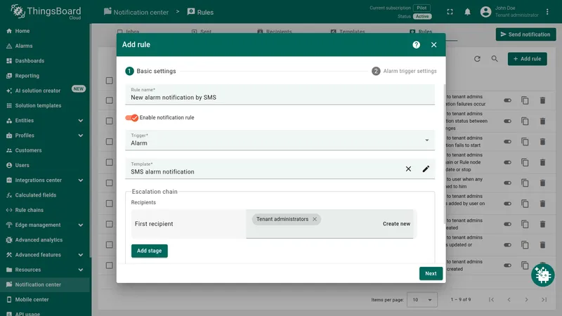 Add rule — Basic settings with Rule name set to New alarm notification by SMS, Trigger to Alarm, Template to SMS alarm notification, and Tenant administrators as First recipient