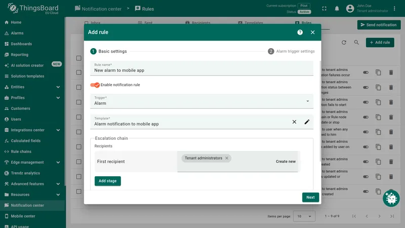 Add rule — Basic settings with Rule name set to New alarm to mobile app, Trigger to Alarm, Template to Alarm notification to mobile app, and Tenant administrators as First recipient
