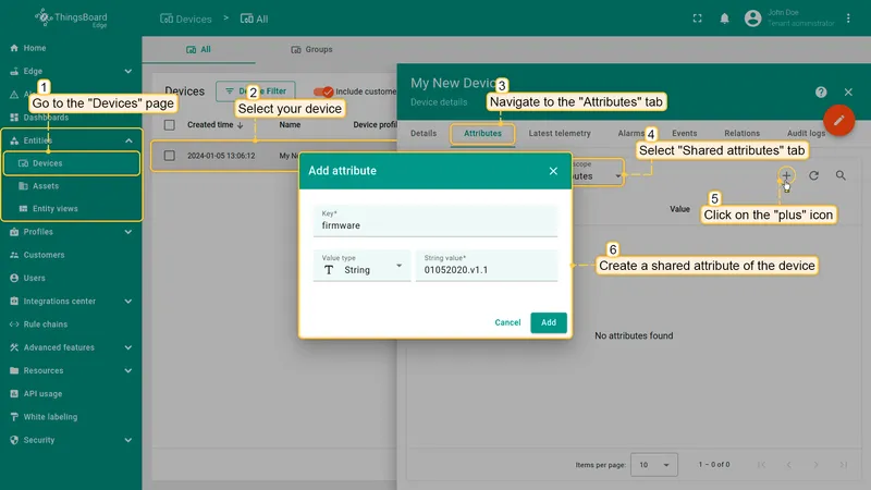 Adding a shared attribute to the device on the Edge