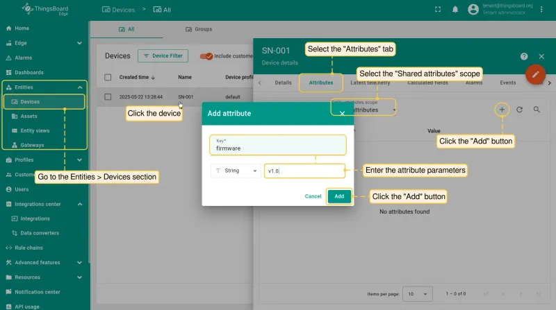 Adding a shared attribute to device SN-001