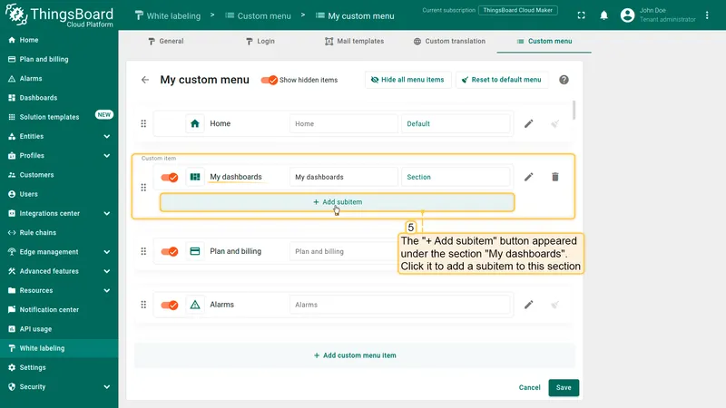 Section added with Add subitem button