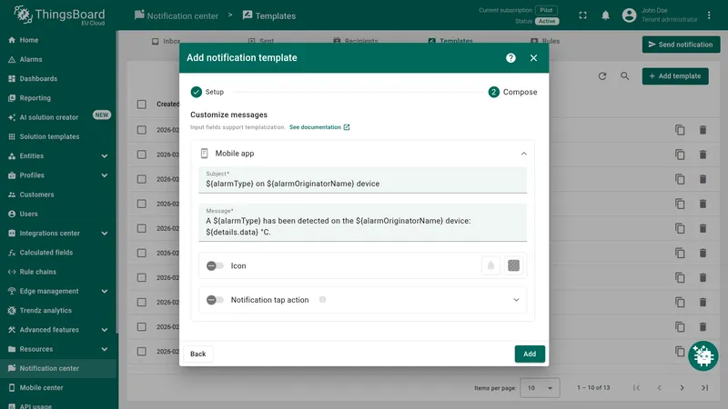 Add notification template — Compose step showing the Mobile app section with Subject and Message fields filled in using alarm template variables
