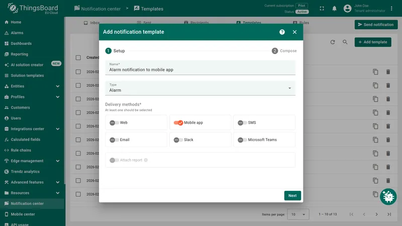 Add notification template — Setup step with Name set to Alarm notification to mobile app, Type to Alarm, and Mobile app delivery method toggled on