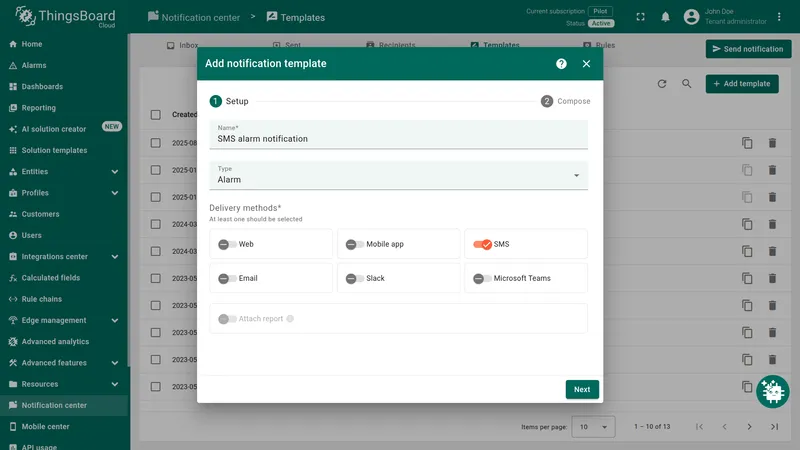 Add notification template — Setup step with Name set to SMS alarm notification, Type to Alarm, and SMS delivery method toggled on