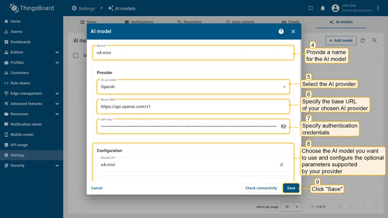 AI model configuration form