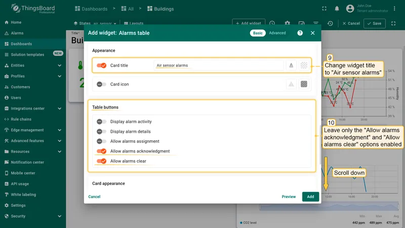 Set widget title and leave only acknowledgment and clear options enabled
