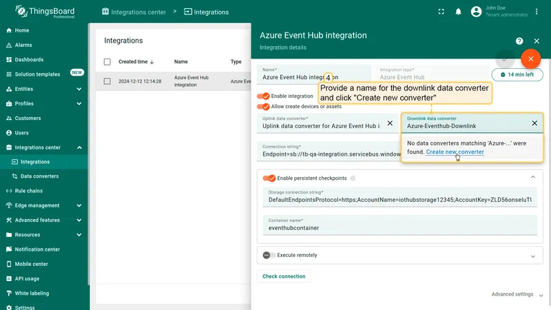 Integration in editing mode with a name typed in the Downlink data converter field and the Create new converter prompt visible