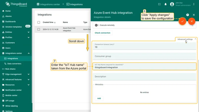 Integration Advanced settings panel showing IoT Hub name field set to thingsboard-integration with Apply changes button highlighted