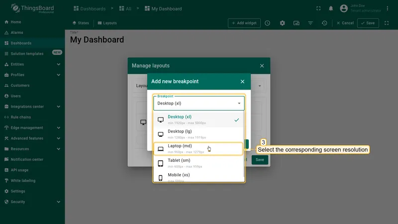 Select breakpoint from dropdown