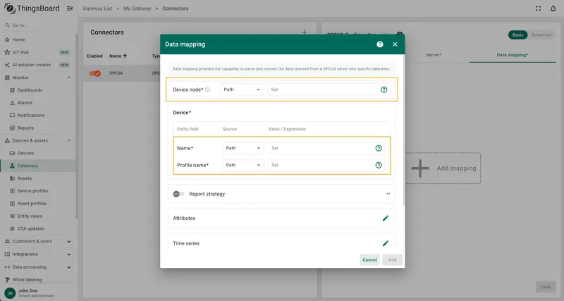 Provide Device node, Device name and Profile name