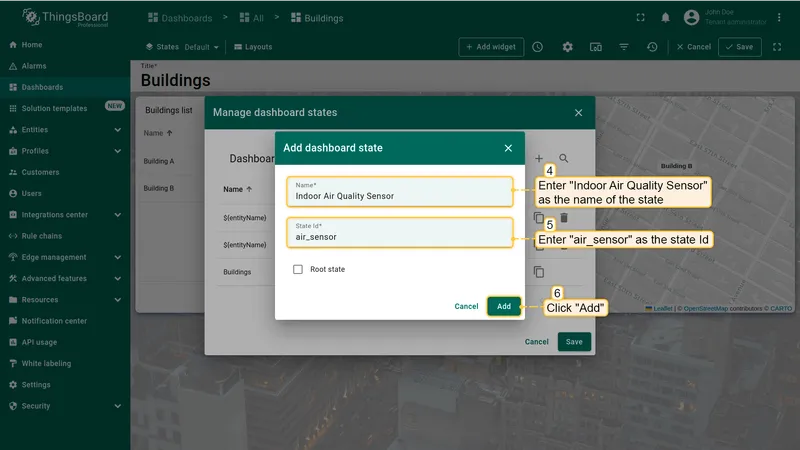 Add dashboard state dialog with name and state ID fields filled