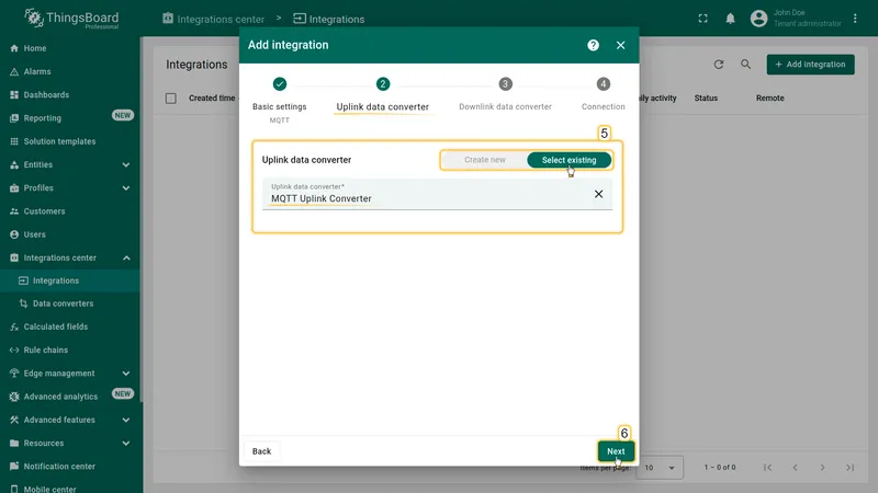 Add integration wizard — Uplink data converter: MQTT Uplink Converter selected via Select existing