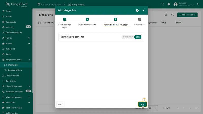 Add integration wizard — Downlink data converter: Skip button highlighted