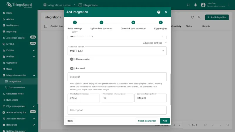 Add integration wizard — Connection Advanced settings: Protocol version MQTT 3.1.1, Clean session on, Retained off, Downlink topic pattern ${topic}, Check connection button