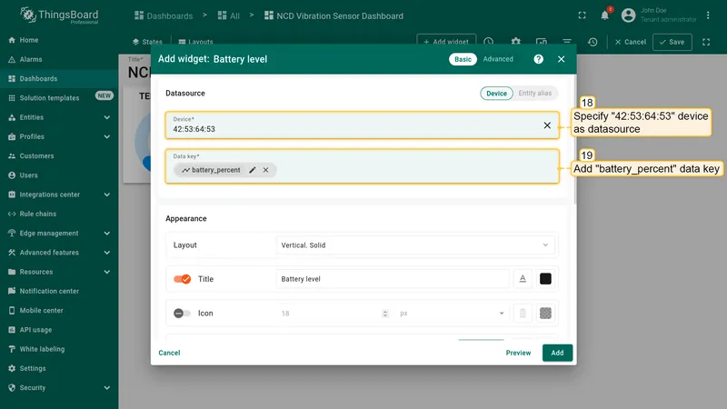 You will need to set the "**Device**" property again with the NCD device that we previously added. The next step is to set the "**Data key**" property. Click on the "**Data key**" field, and this will display the list of variables emitted by the NCD vibration sensor. From the list, select the property defined as "**battery_percent**"