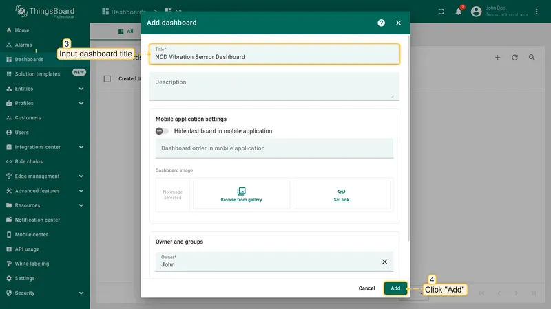 In the opened dialog, it is necessary to enter a dashboard title, description is optional. Click "**Add**"