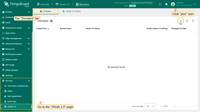Domains tab with + button