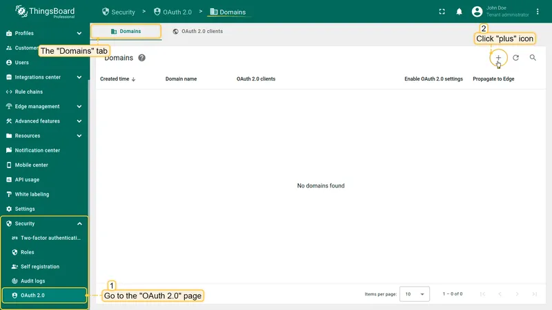 Domains tab with + button