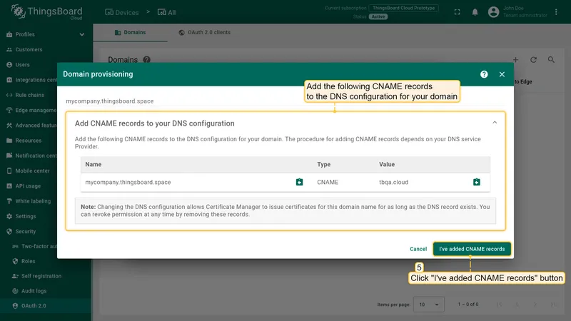 CNAME confirmation dialog